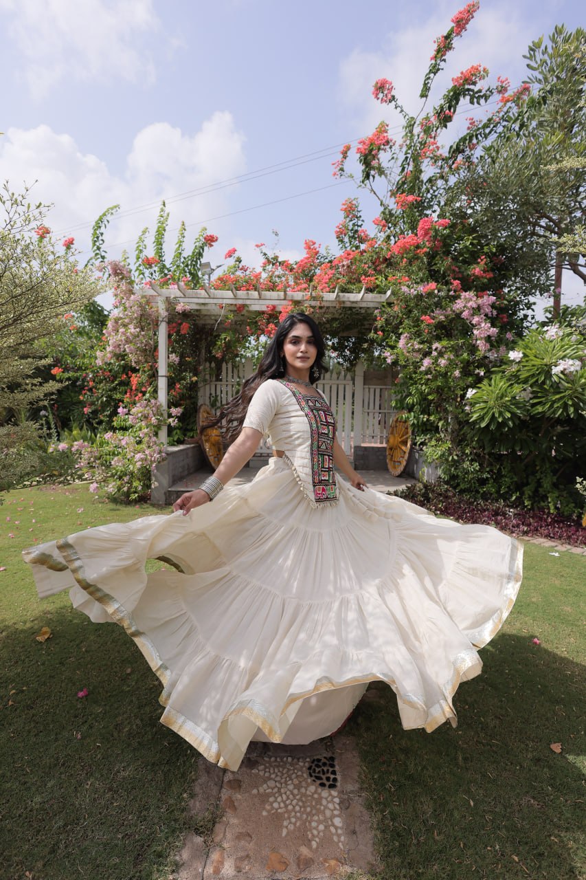 White Kora Cotton Lehenga with Kutchi Work