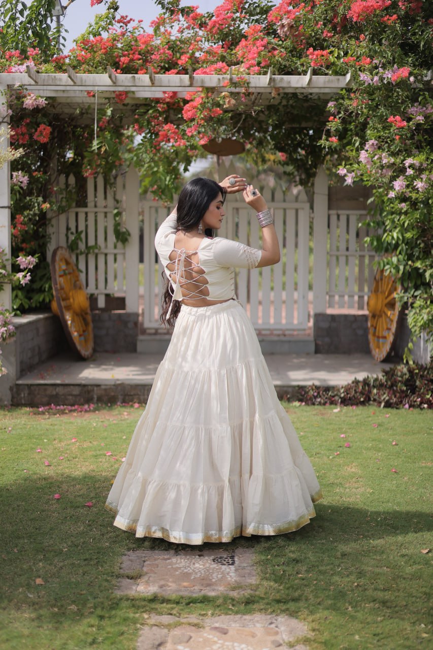 White Kora Cotton Lehenga with Kutchi Work