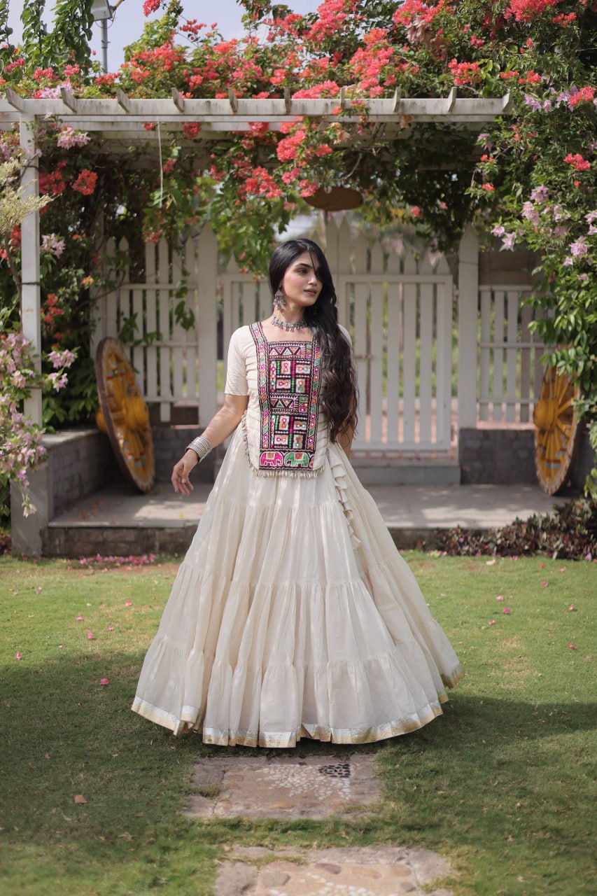White Kora Cotton Lehenga with Kutchi Work