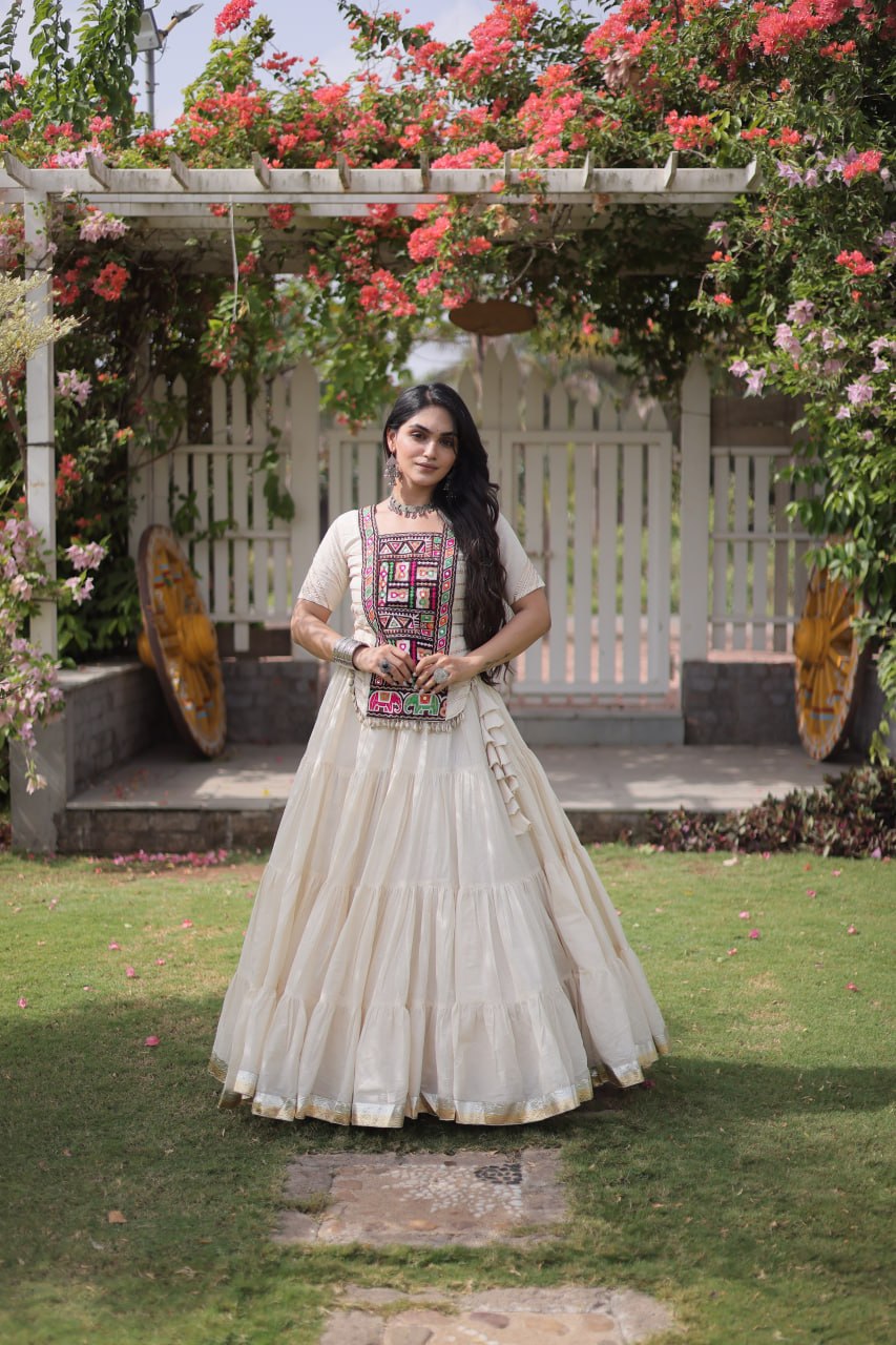 White Kora Cotton Lehenga with Kutchi Work
