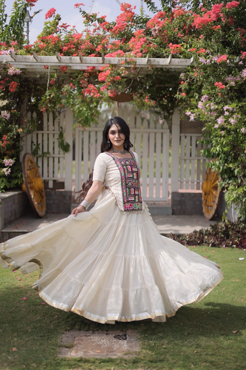 White Kora Cotton Lehenga with Kutchi Work
