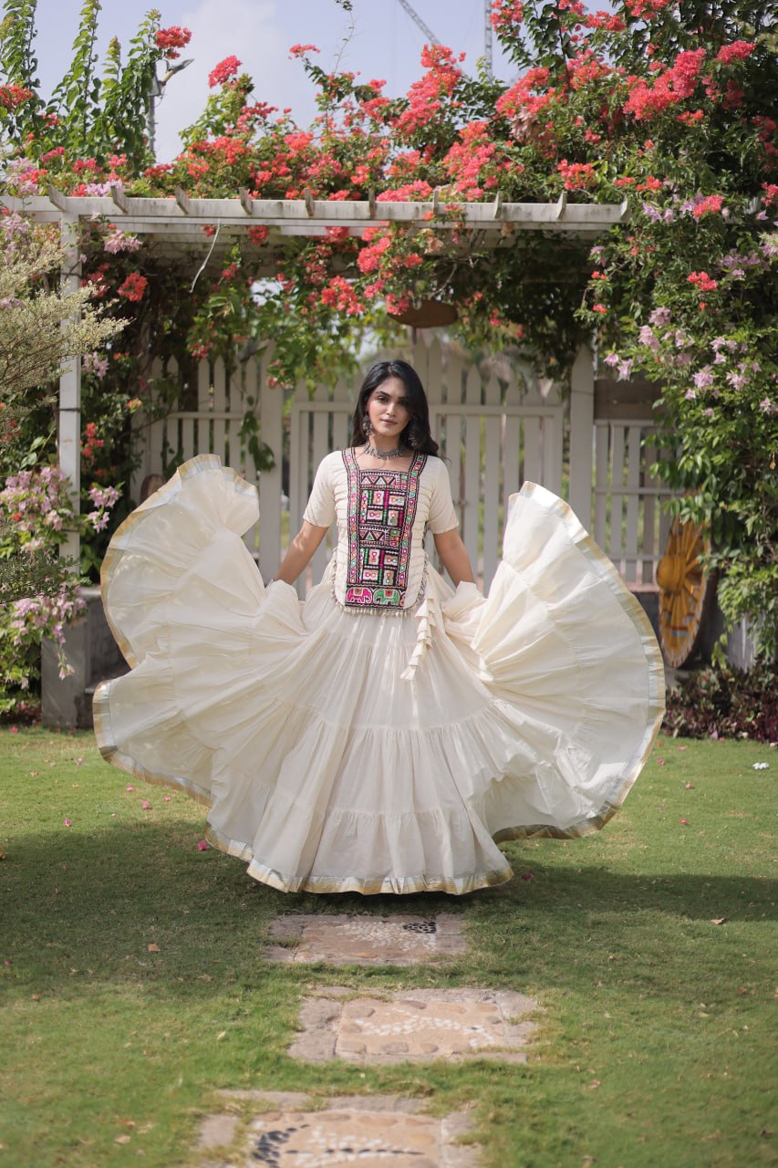 White Kora Cotton Lehenga with Kutchi Work