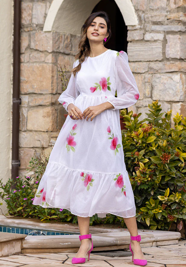 White Kota Checks Digital Print Full Round Flair Kurti with Inner