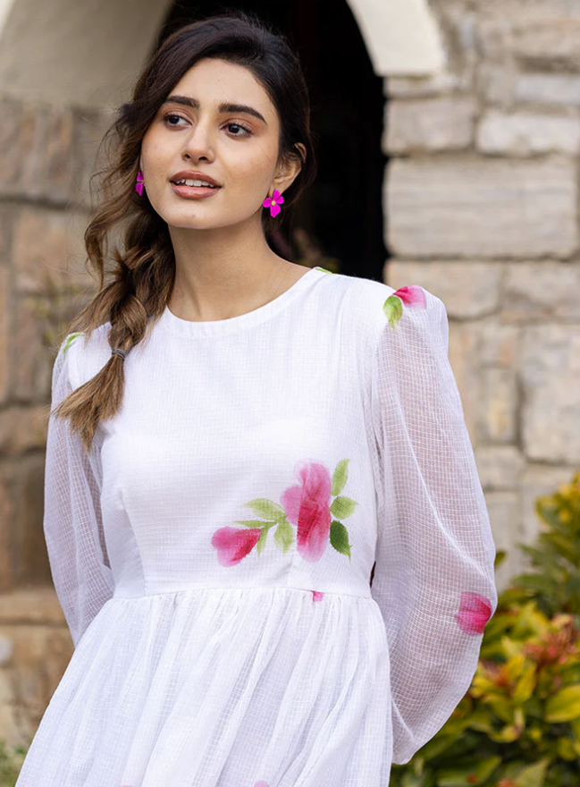 White Kota Checks Digital Print Full Round Flair Kurti with Inner