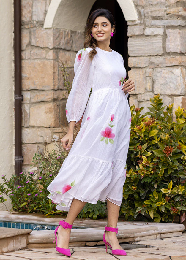 White Kota Checks Digital Print Full Round Flair Kurti with Inner