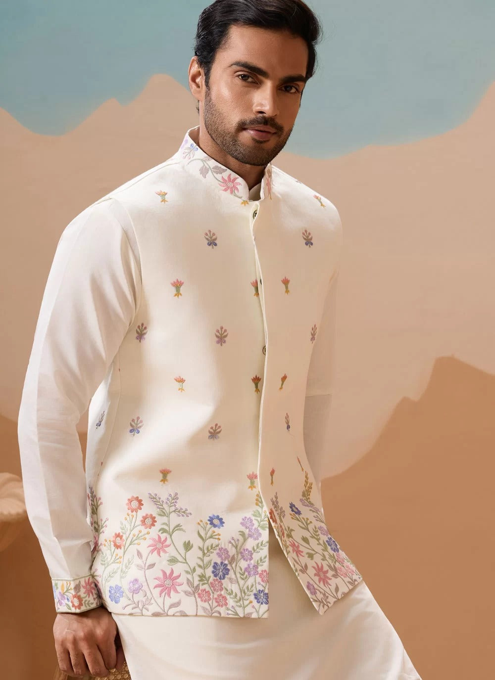 Elegant white embroidered koti kurta pajama for men in viscose silk