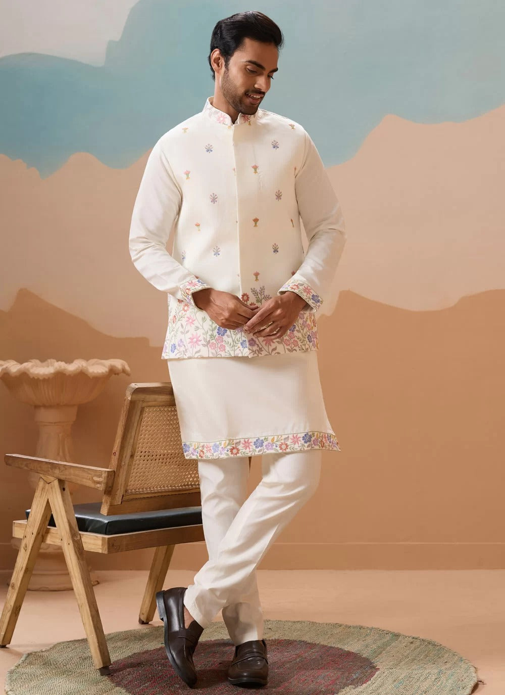 Elegant white embroidered koti kurta pajama for men in viscose silk
