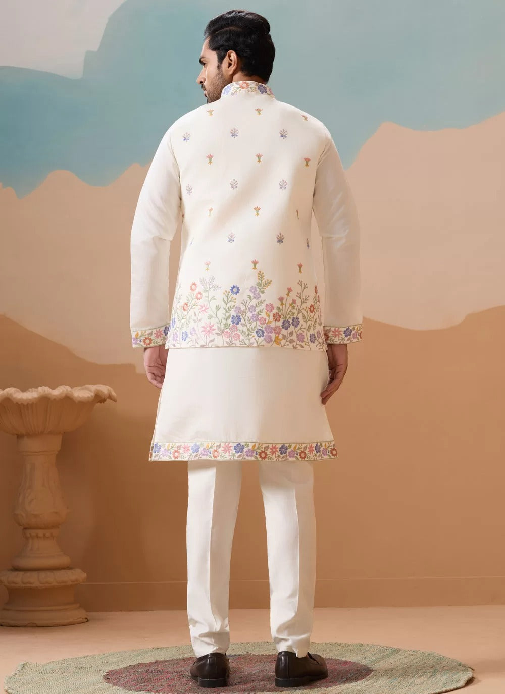 Elegant white embroidered koti kurta pajama for men in viscose silk