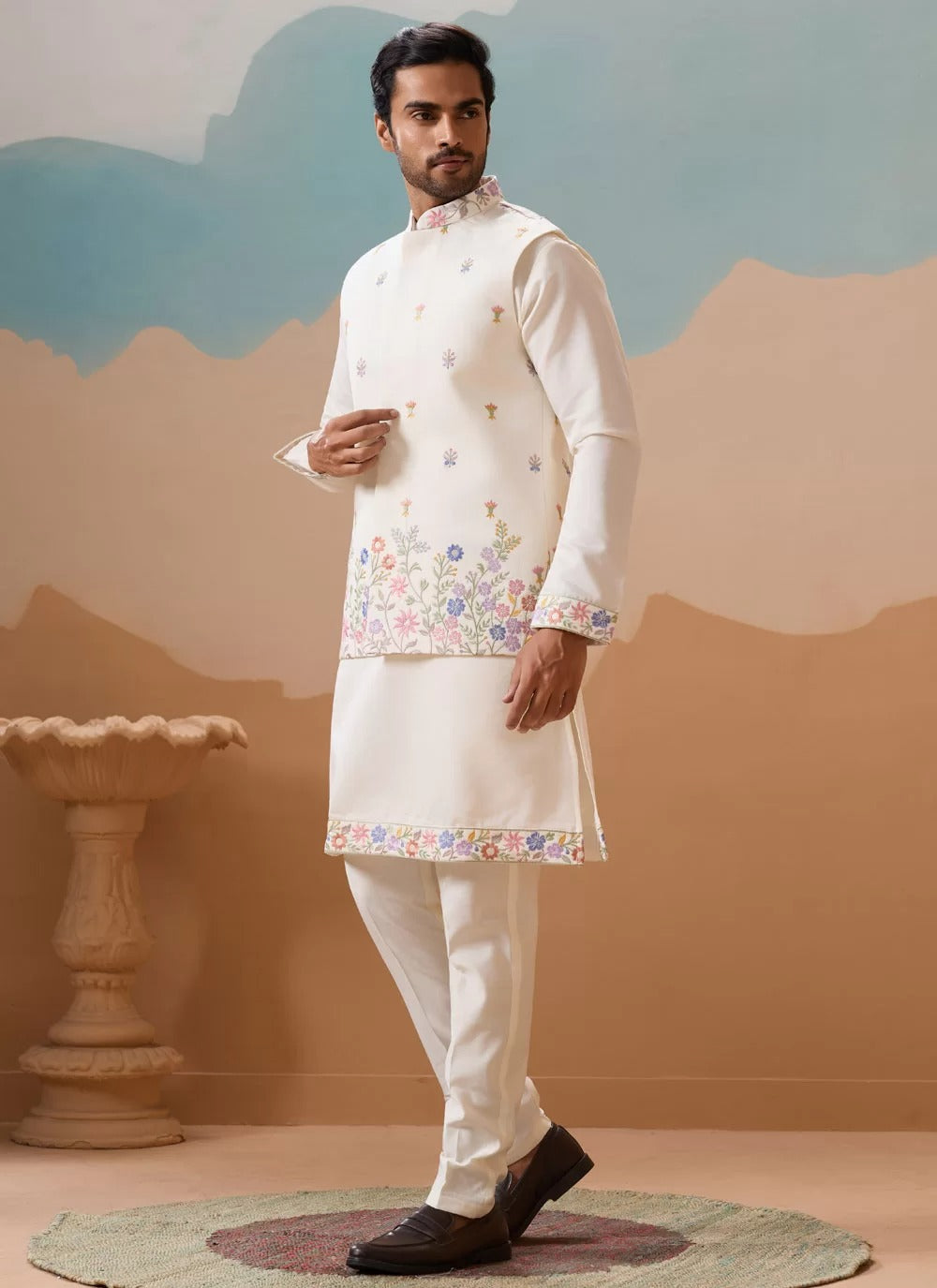 Elegant white embroidered koti kurta pajama for men in viscose silk