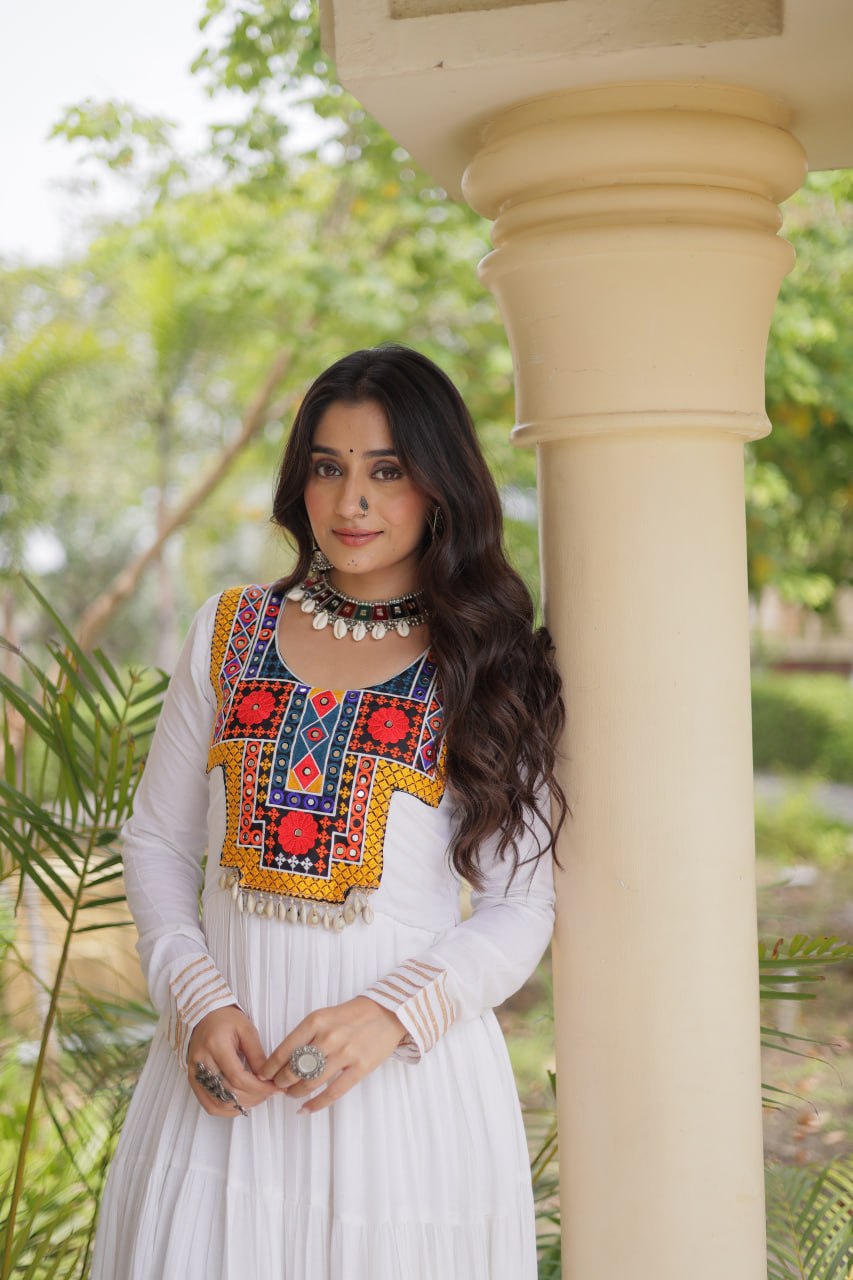 White Kutchi Gamthi Mirror Work Gown