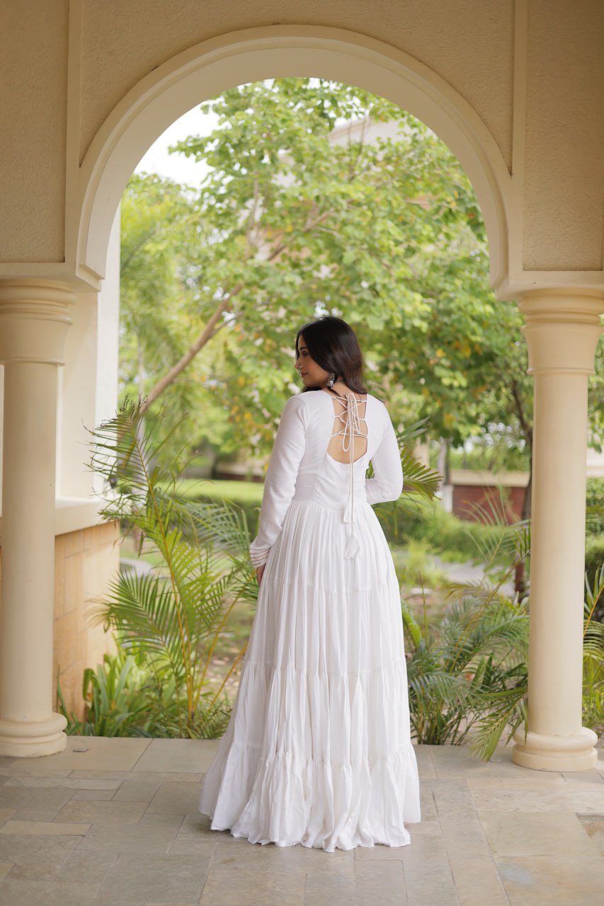 White Kutchi Gamthi Mirror Work Gown