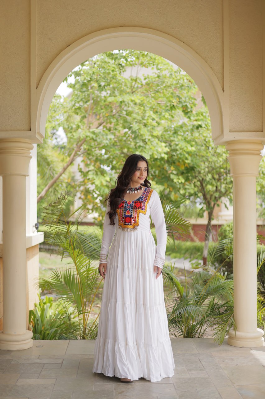 White Kutchi Gamthi Mirror Work Gown