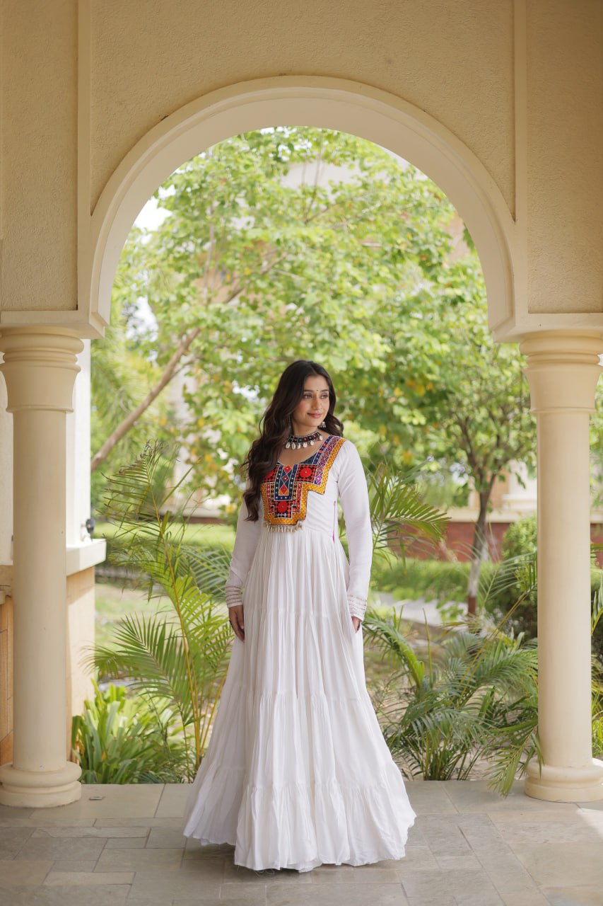 White Kutchi Gamthi Mirror Work Gown