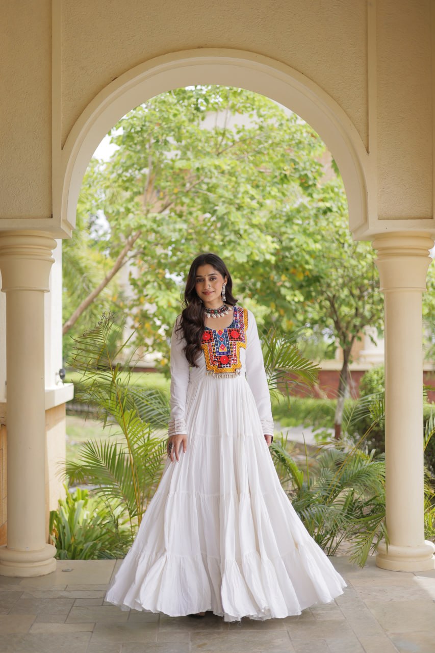White Kutchi Gamthi Mirror Work Gown