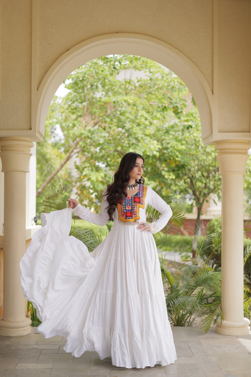 White Kutchi Gamthi Mirror Work Gown