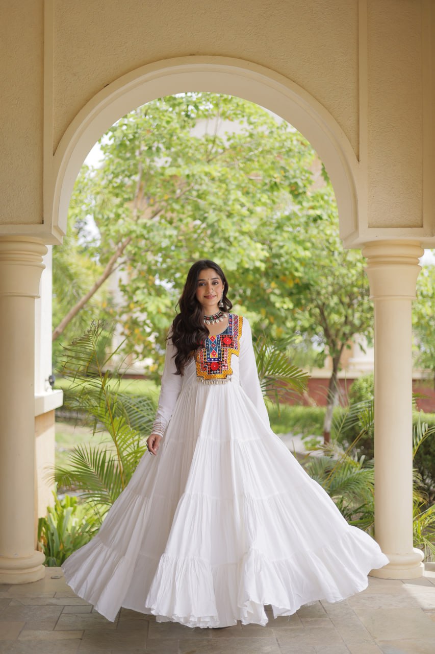 White Kutchi Gamthi Mirror Work Gown