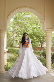 White Kutchi Gamthi Mirror Work Gown