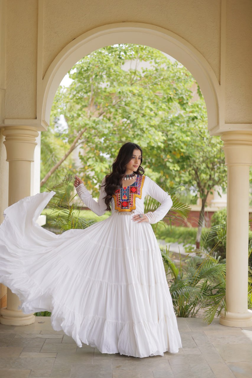 White Kutchi Gamthi Mirror Work Gown