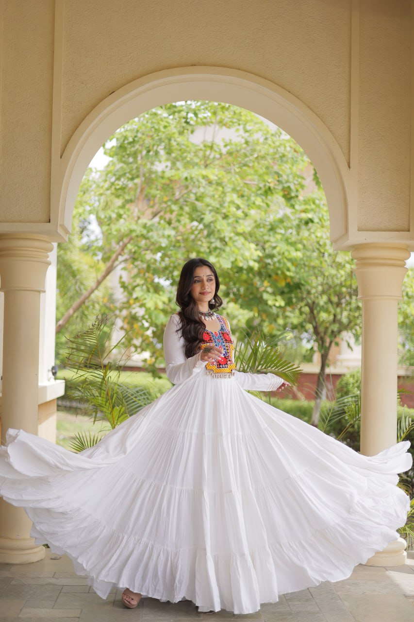 White Kutchi Gamthi Mirror Work Gown