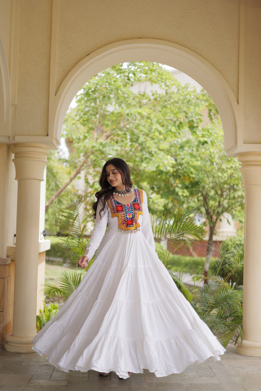 White Kutchi Gamthi Mirror Work Gown