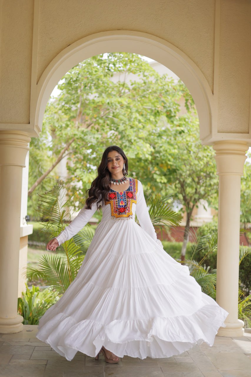 White Kutchi Gamthi Mirror Work Gown