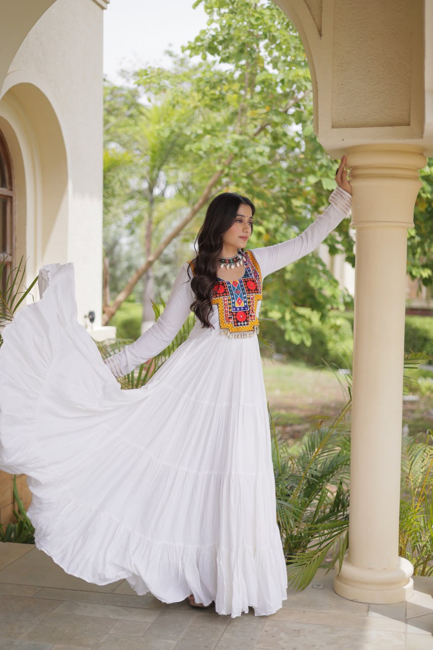 White Kutchi Gamthi Mirror Work Gown