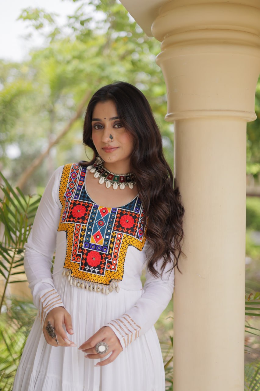 White Kutchi Gamthi Mirror Work Gown