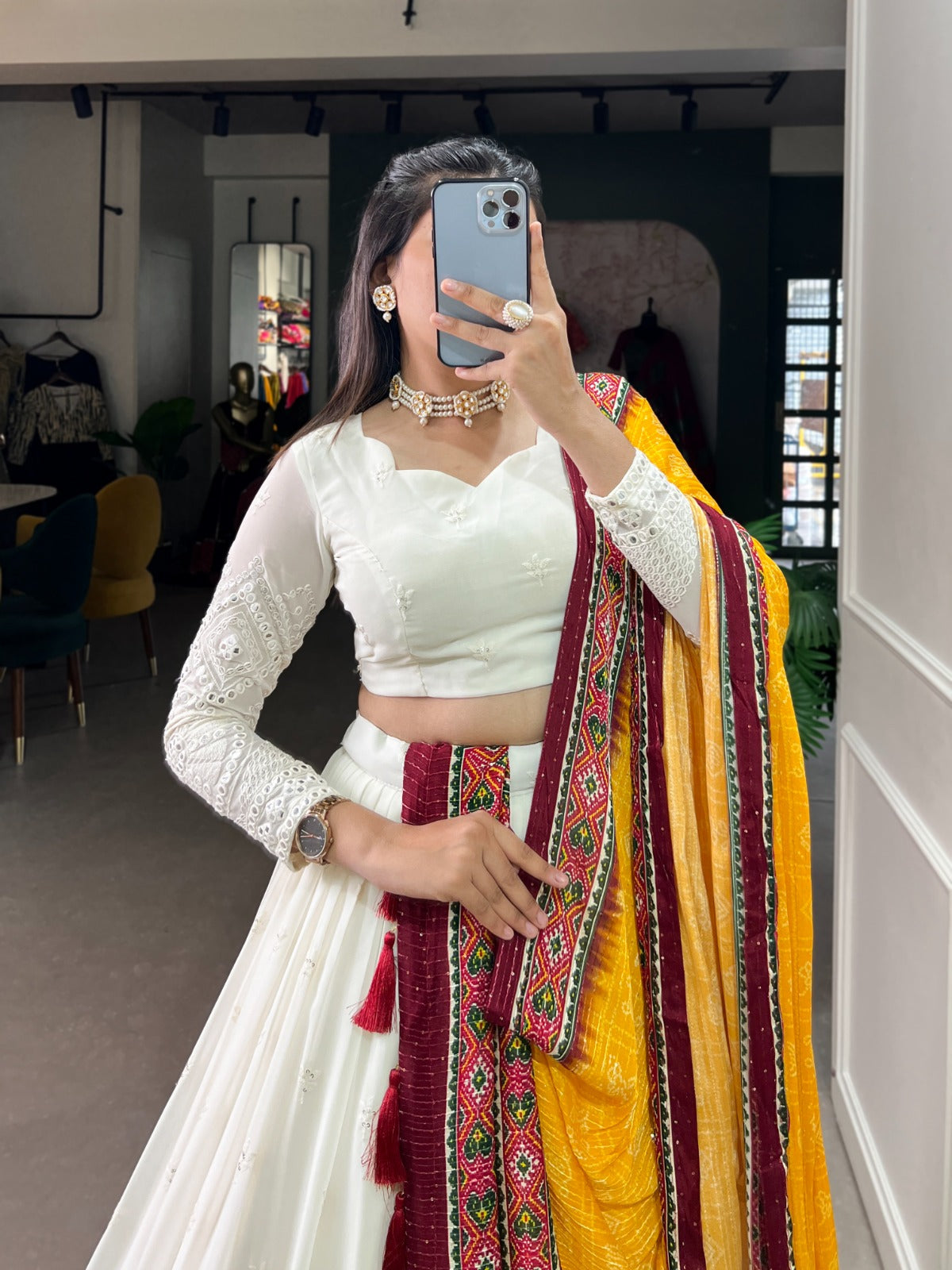 White Lucknowi Paper Mirror Work Lehenga Choli