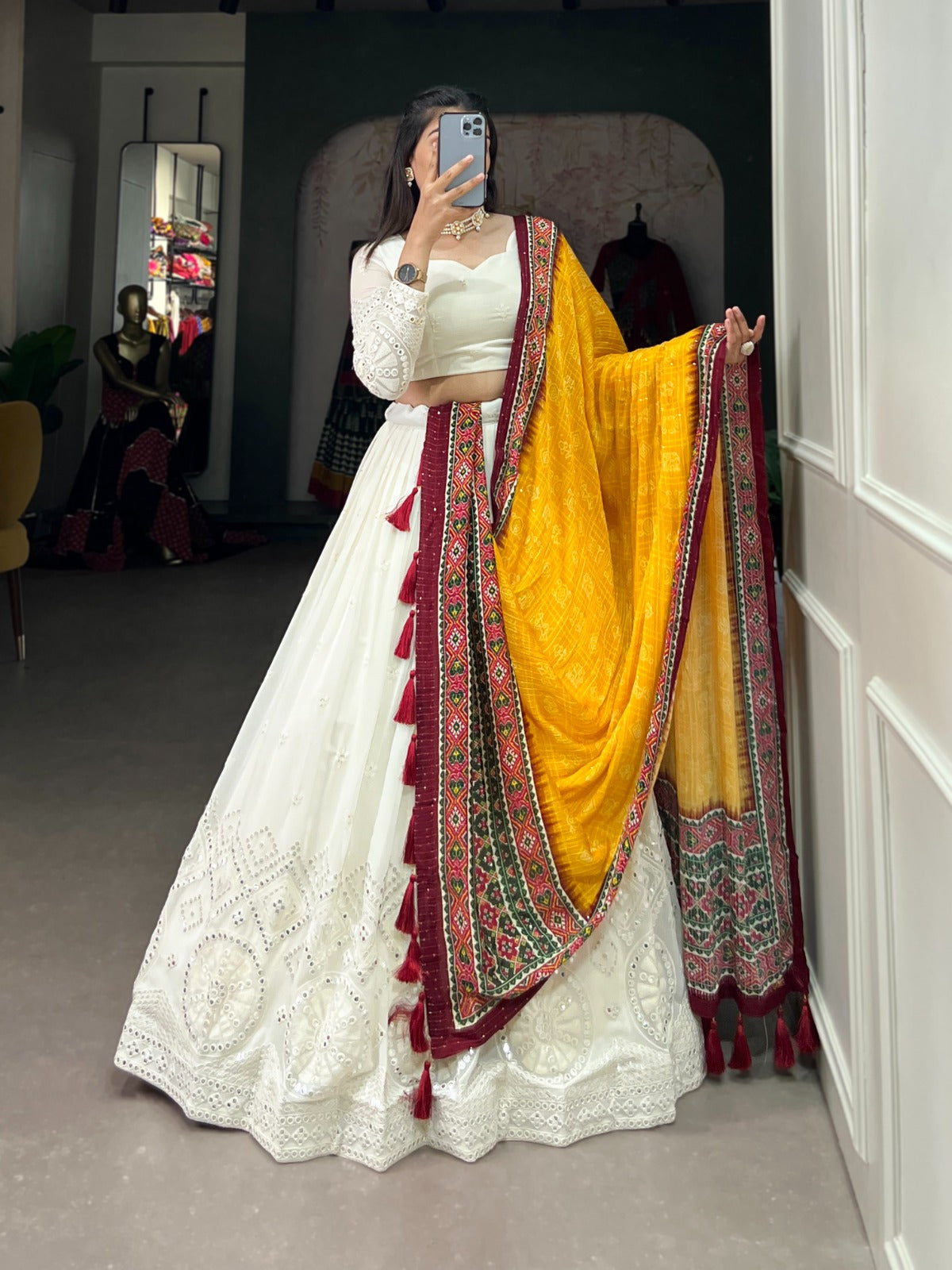 White Lucknowi Paper Mirror Work Lehenga Choli