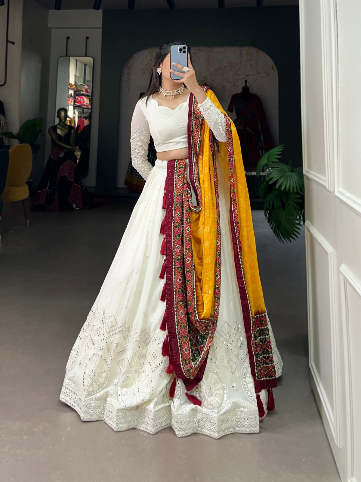 White Lucknowi Paper Mirror Work Lehenga Choli