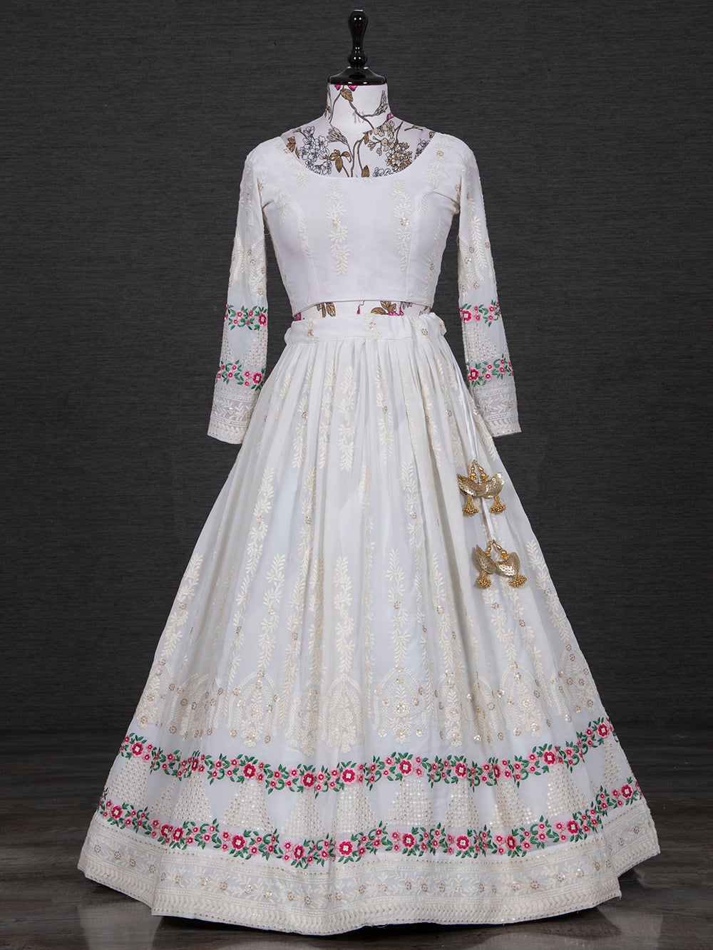 White Color Lucknowi Embroidery Work Georgette Lehenga Set