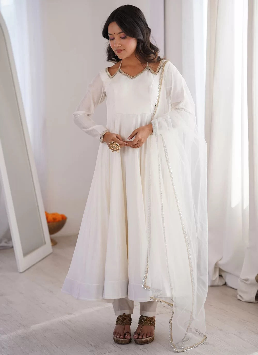 Luxury white roman silk chanderi anarkali suit with net dupatta pants