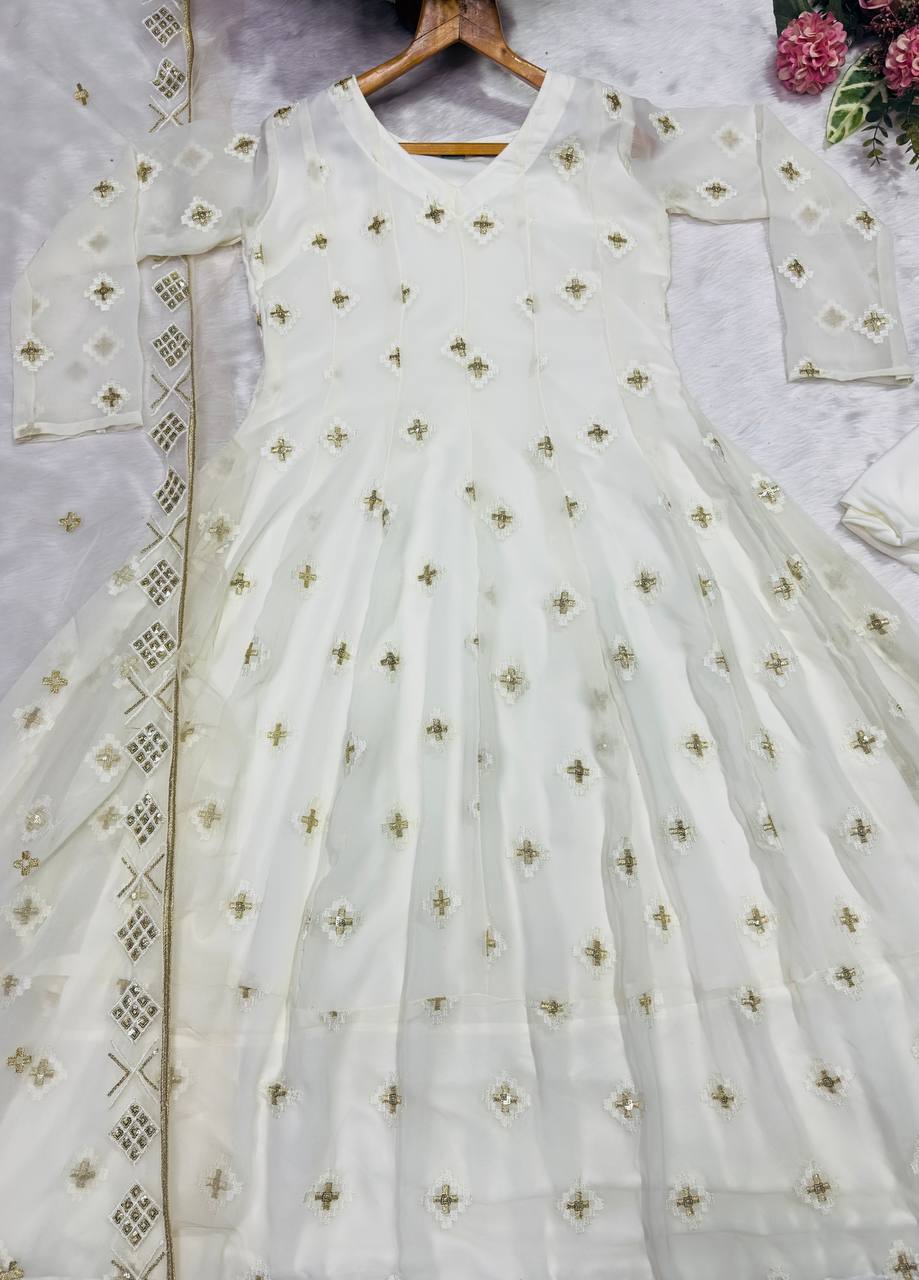 White Luxury Designer Faux Blooming Embroidered Anarkali Suit Set with Pant & Butterfly Net Dupatta