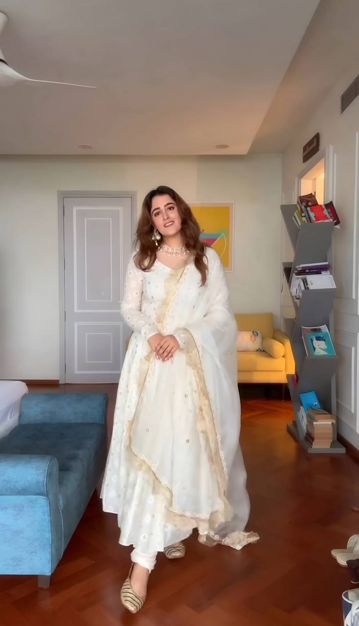 White Luxury Designer Faux Blooming Embroidered Anarkali Suit Set with Pant & Butterfly Net Dupatta