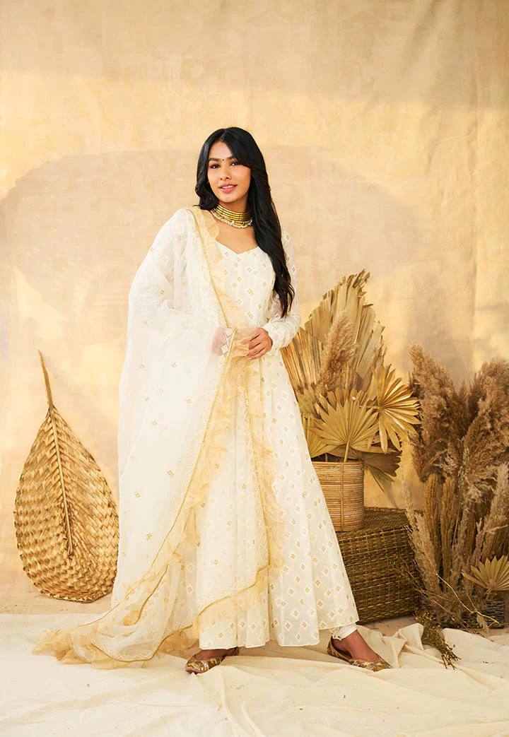 White Luxury Designer Faux Blooming Embroidered Anarkali Suit Set with Pant & Butterfly Net Dupatta