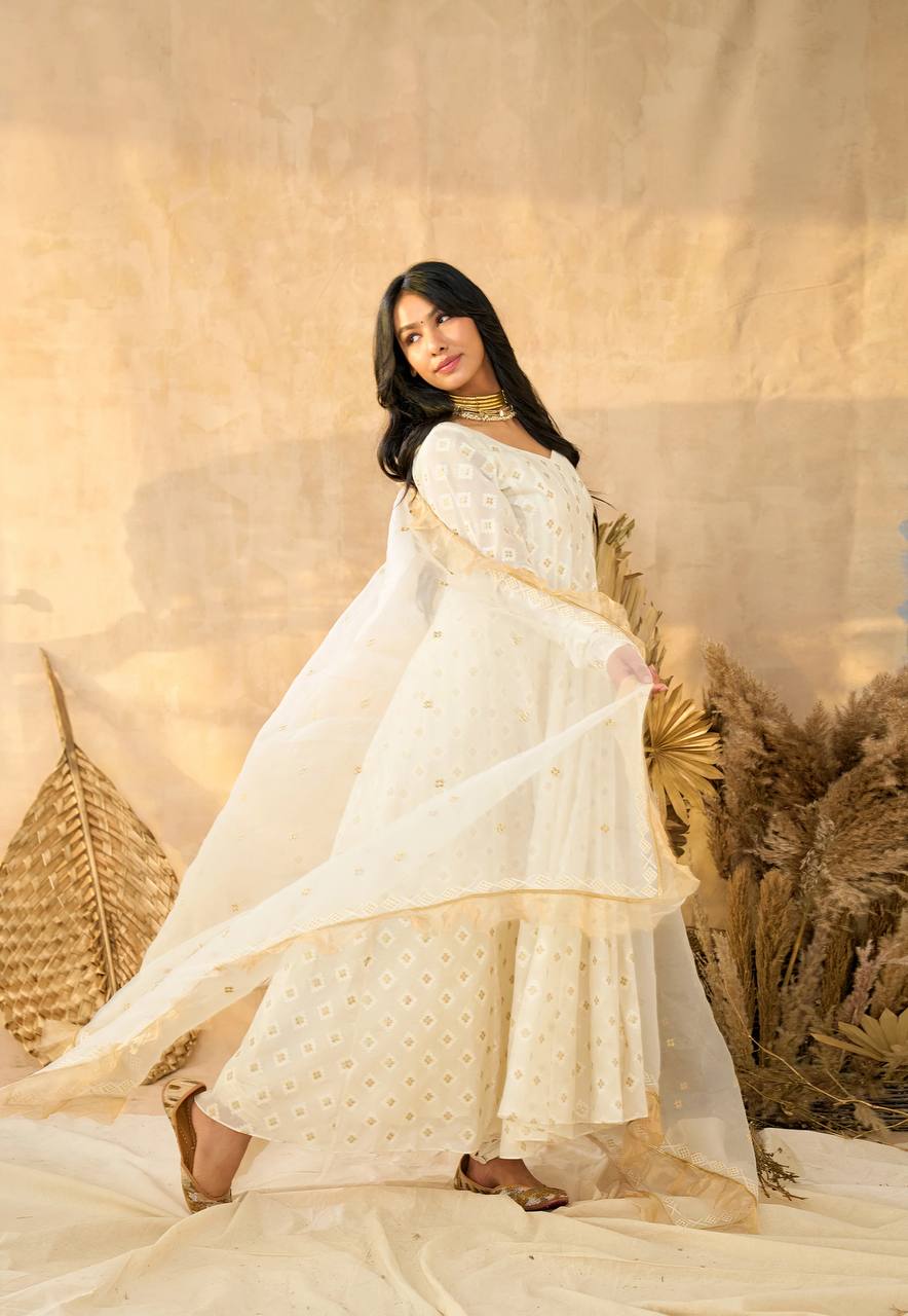White Luxury Designer Faux Blooming Embroidered Anarkali Suit Set with Pant & Butterfly Net Dupatta