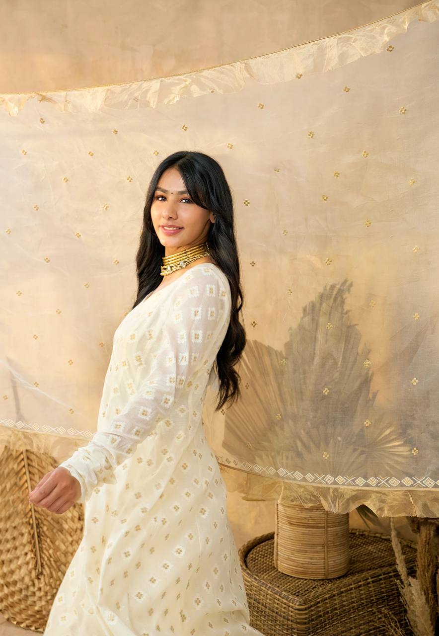 White Luxury Designer Faux Blooming Embroidered Anarkali Suit Set with Pant & Butterfly Net Dupatta