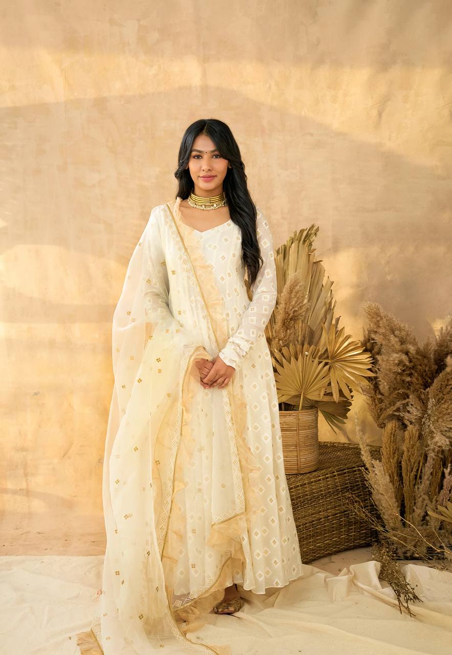 White Luxury Designer Faux Blooming Embroidered Anarkali Suit Set with Pant & Butterfly Net Dupatta