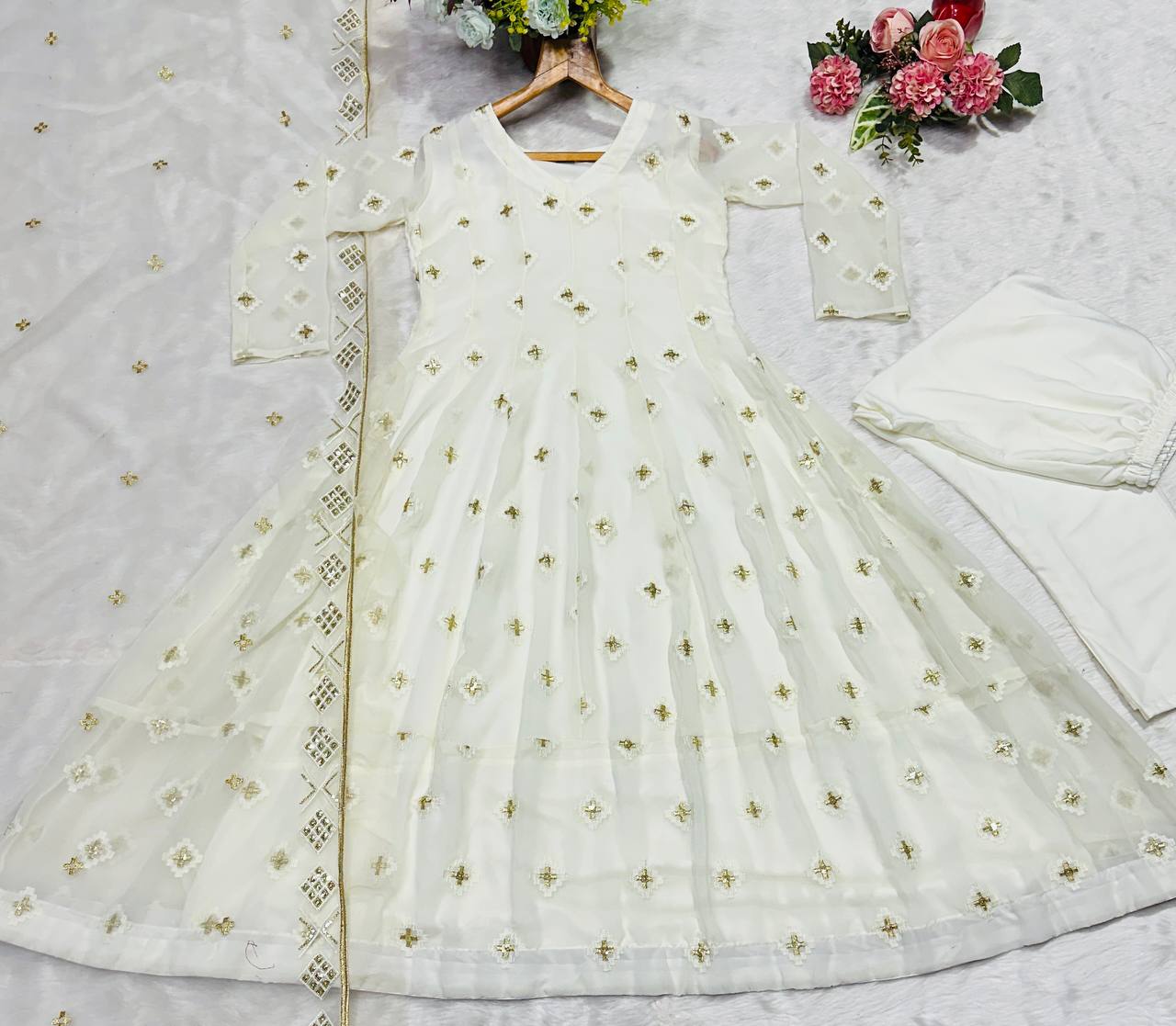 White Luxury Designer Faux Blooming Embroidered Anarkali Suit Set with Pant & Butterfly Net Dupatta