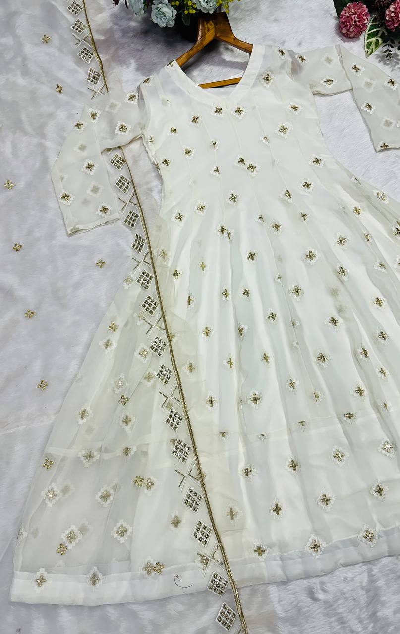 White Luxury Designer Faux Blooming Embroidered Anarkali Suit Set with Pant & Butterfly Net Dupatta