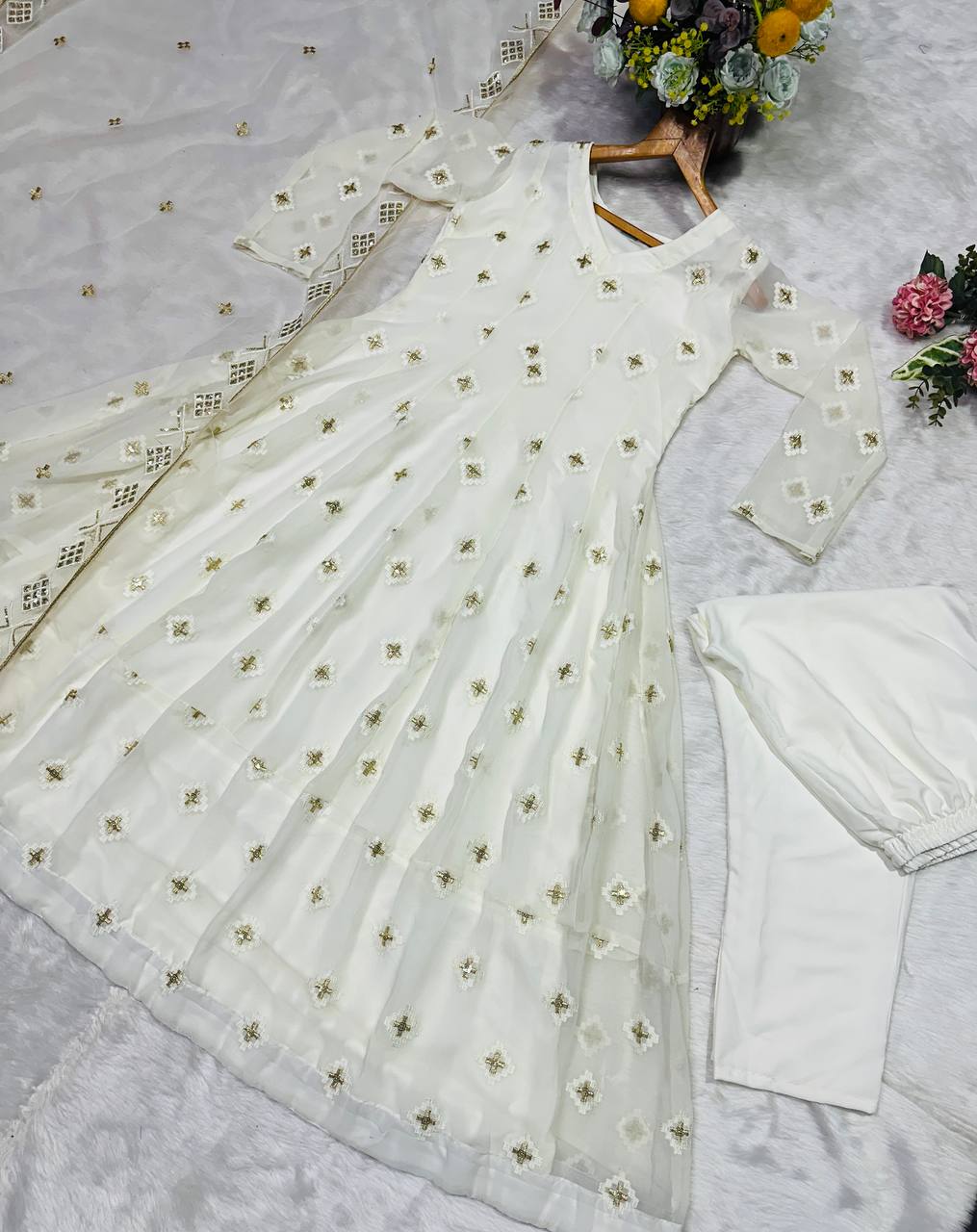 White Luxury Designer Faux Blooming Embroidered Anarkali Suit Set with Pant & Butterfly Net Dupatta