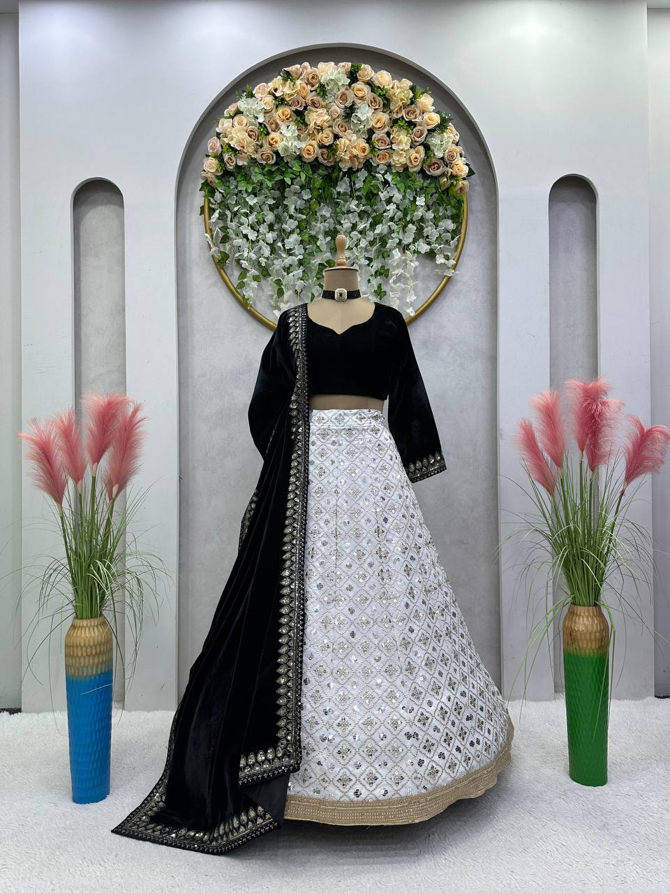 White Luxury Faux Georgette Semi-Stitched Lehenga Set with Velvet Choli & Dupatta