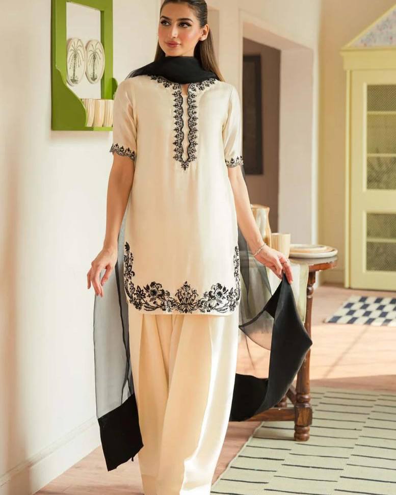 White Luxury Natural Crepe Farshi Plazzo Set with Hand Beadwork & Organza Dupatta