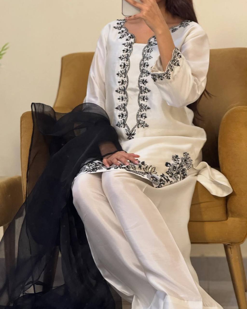 White Luxury Natural Crepe Farshi Plazzo Set with Hand Beadwork & Organza Dupatta