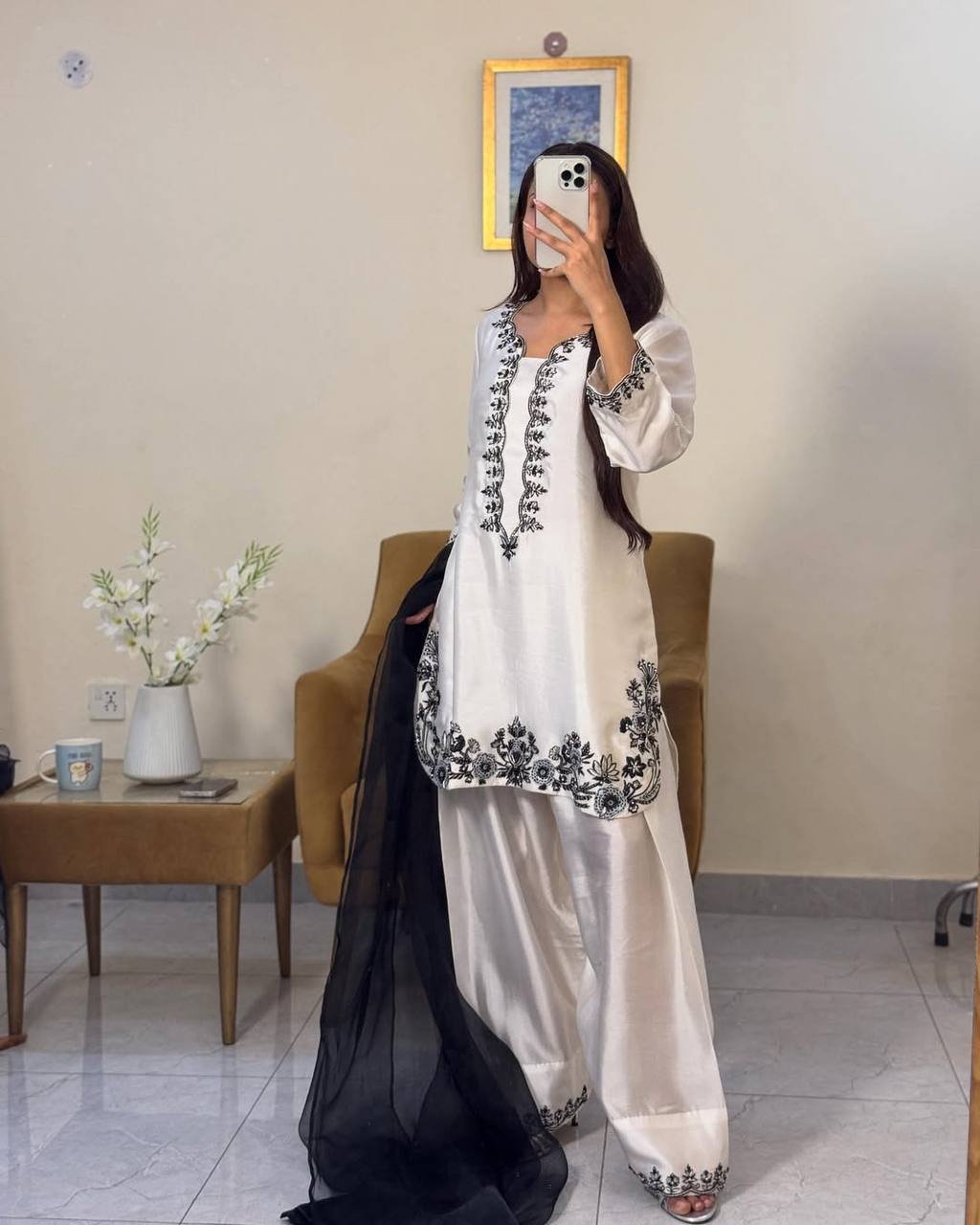 White Luxury Natural Crepe Farshi Plazzo Set with Hand Beadwork & Organza Dupatta