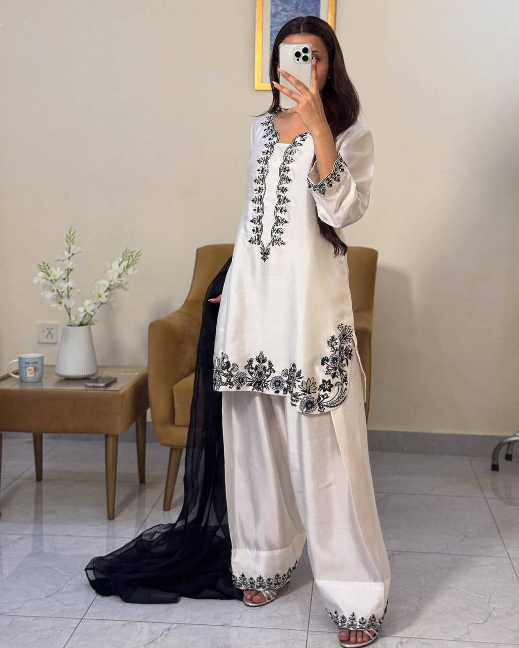 White Luxury Natural Crepe Farshi Plazzo Set with Hand Beadwork & Organza Dupatta