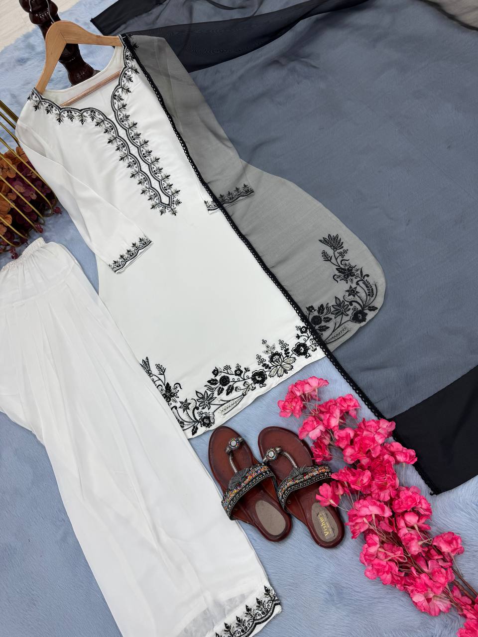 White Luxury Natural Crepe Farshi Plazzo Set with Hand Beadwork & Organza Dupatta
