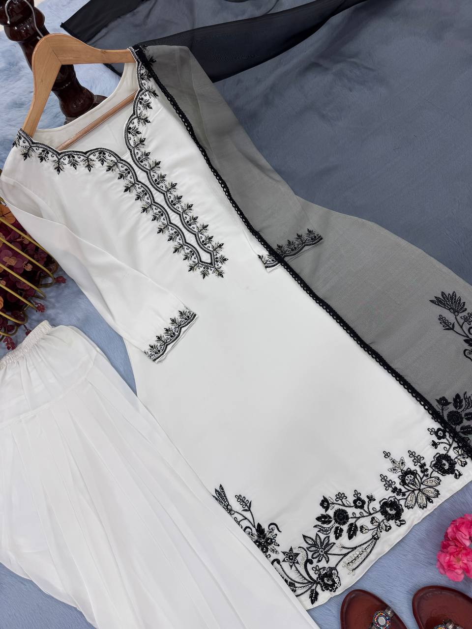 White Luxury Natural Crepe Farshi Plazzo Set with Hand Beadwork & Organza Dupatta
