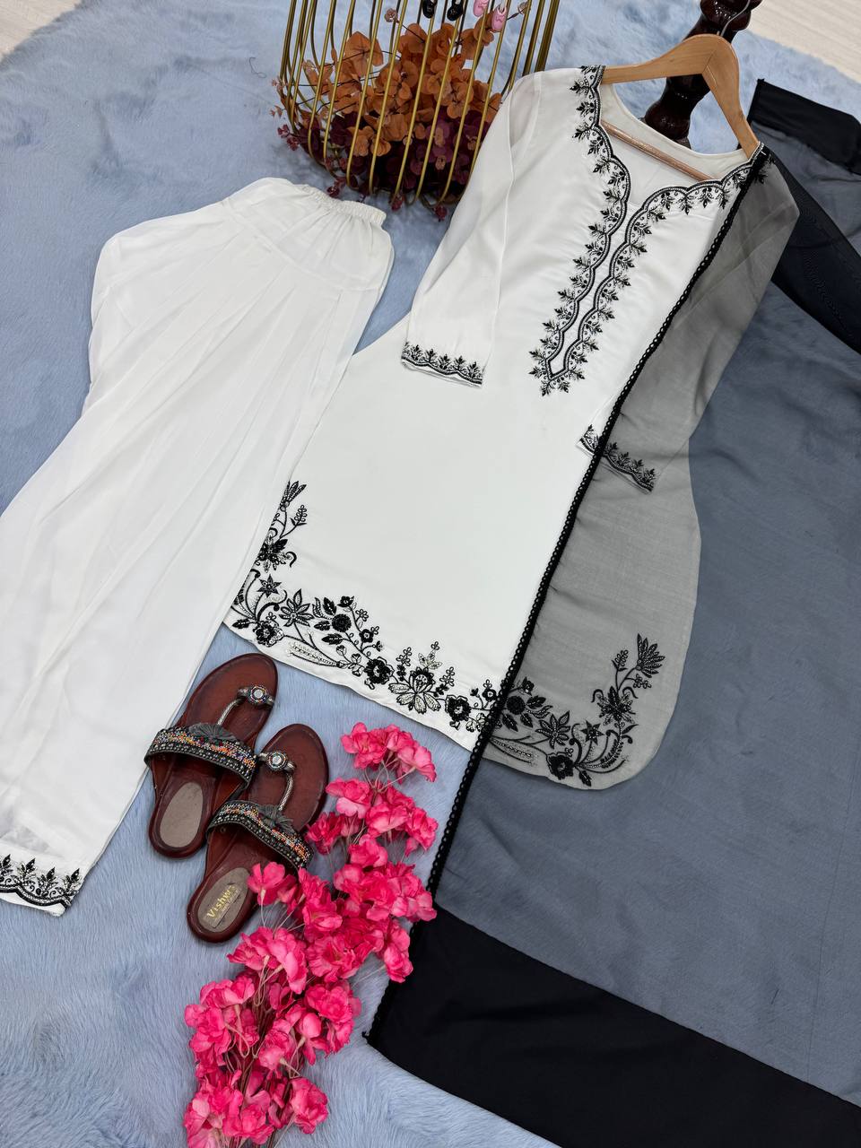 White Luxury Natural Crepe Farshi Plazzo Set with Hand Beadwork & Organza Dupatta