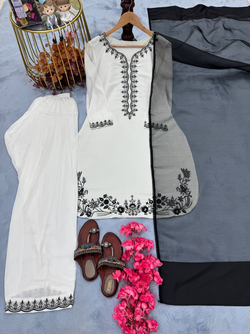 White Luxury Natural Crepe Farshi Plazzo Set with Hand Beadwork & Organza Dupatta